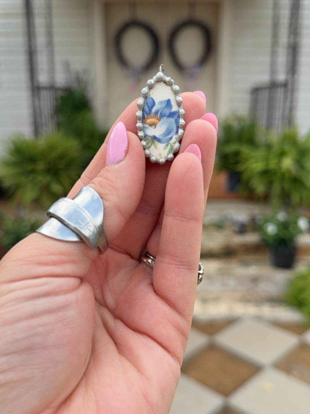 Dainty Blue Floral vintage plate Pendant Necklace